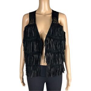 Bebe Black Fringe Leather Sleeveless Studded Vest